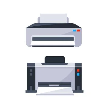 Two gray printers printing documents on white background Stock Illustration