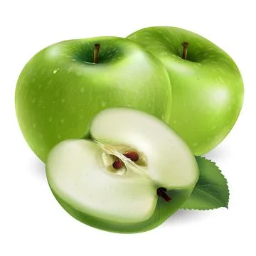 Two green apple and a slice on white background. Stock Illustration