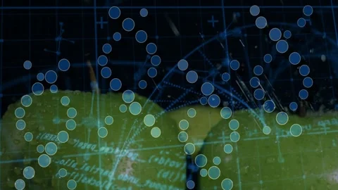 Two green apples receiving blue lines and dot clusters appearing, visualizing Stock Footage 329454949