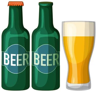 Two Green Beer Bottles and a Full Glass of Lager Stock Illustration