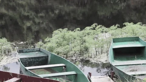 Two green boats on the river Stock Footage 132274597