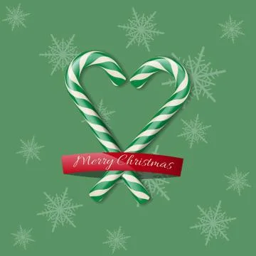 Two green candy canes in heart shape with Merry Christmas text on green Stock Illustration