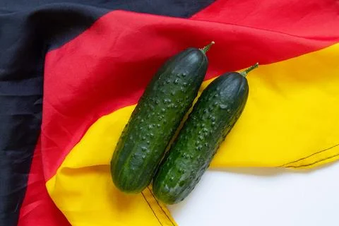 Two green cucumbers lying against a German flag, on the theme of agricultur.. 写真素材
