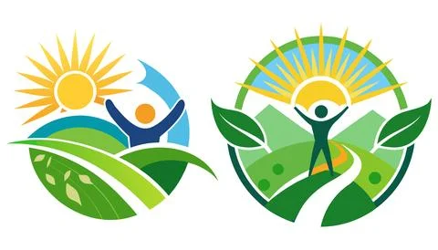 Two green eco environment logos with happy people and bright sun rise. Stock Illustration