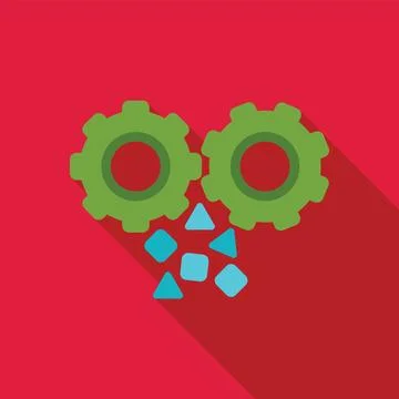 Two green gears generating blue data points on a red background Stock Illustration