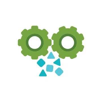 Two green gears processing blue data points generating information Stock Illustration