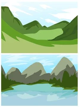 Two Green Mountain Valley Landscape Panels Illustration Stock Illustration