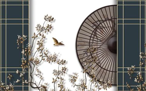 Two green panels with yellow lines, a bamboo umbrella, a fabulous flowering tree Stock Illustration