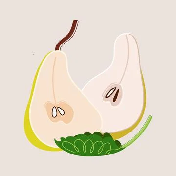 Two green pears with green leaf on a light beige background. Modern vector Stock Illustration