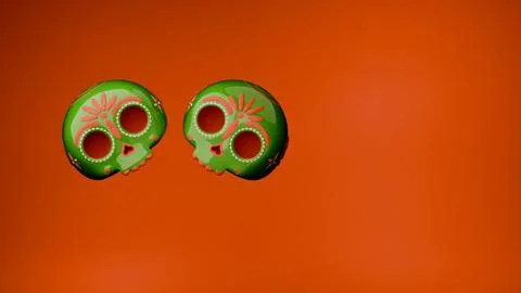 Two green sugar skulls floating together on vibrant orange background for c.. Stock Illustration