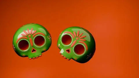 Two green sugar skulls floating together on vibrant orange background for c.. Stock Illustration