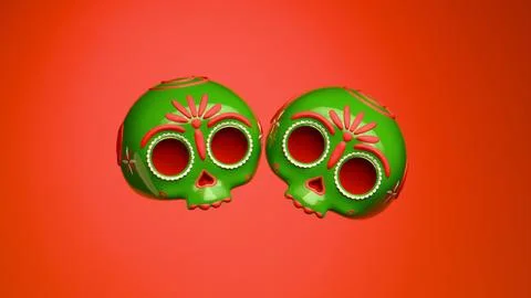 Two green sugar skulls floating together on vibrant orange background for c.. Stock Illustration