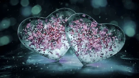 Two Grey Noir Ice Glass Hearts with colorful petals motion background Loop Stock Footage 82214306