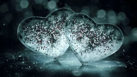 Two Grey Noir Ice Glass Hearts with snowflakes, red balls motion background Loop Stock Footage 82214333