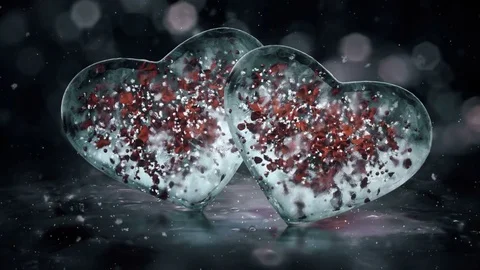 Two Grey Noir Ice Glass Hearts with red petals motion background Loop 4k Stock Footage 82215144