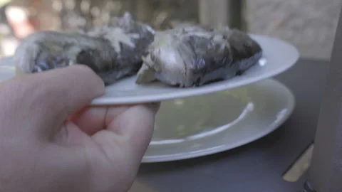 Two grilled sea fish being served from the barbecue Stock Footage 244944827