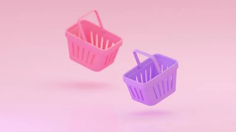 Two grocery baskets isolated on blush pink background. Empty supermarket cart Stock Illustration
