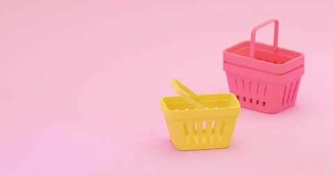 Two grocery baskets isolated on blush pink background. Empty supermarket cart Stock Illustration