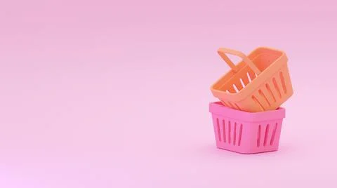 Two grocery baskets isolated on blush pink background. Empty supermarket cart Stock Illustration