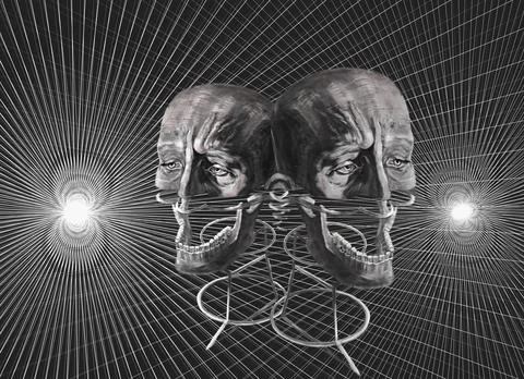 Two grotesque heads on a perspective grid background. surreal illustration Stock-Illustration