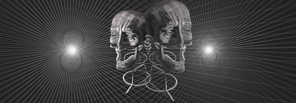 Two grotesque heads on a perspective grid background. surreal illustration Stock Illustration