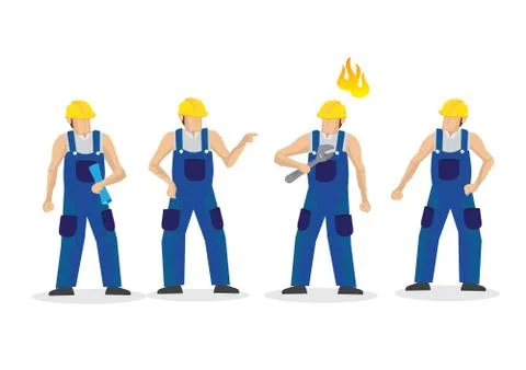 Two group of male construction workers fighting and quarreling. Isolated on w Stock Illustration
