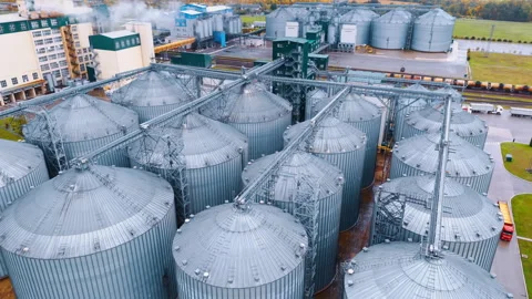 Two groups of large metal tanks for storing agricultural production.  Stock Footage 297505508