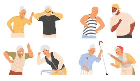 Two groups of older men display exaggerated emotions and gestures, conveying Stock Illustration