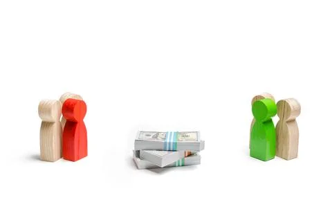 Two groups of people figures and a bunch of money between them on a white b.. Stock Photos