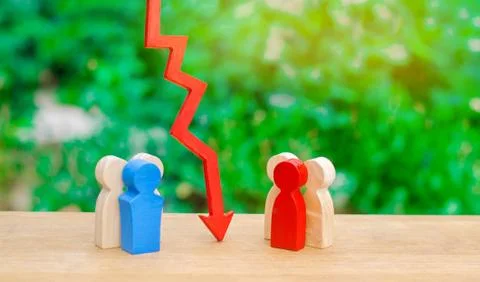 Two groups of people separated by a red arrow. Concept of conflict of interes 스톡 사진