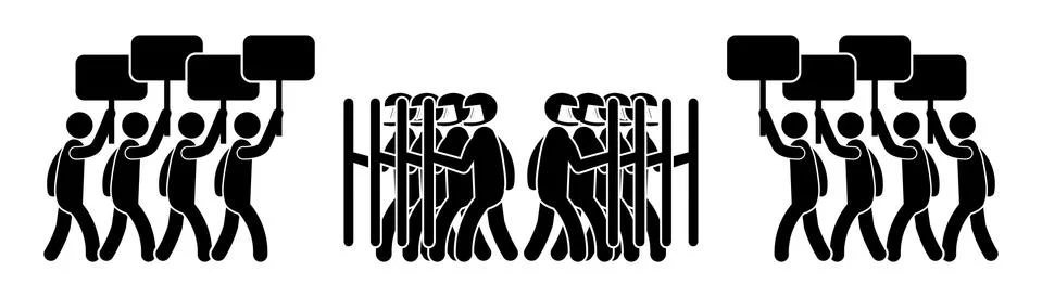 Two Groups of Protesters Clash with Riot Police. Black Illustration Isolated  Stock Illustration