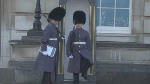 Two Guards at Buckingham Palace in London Stock Footage 154015845