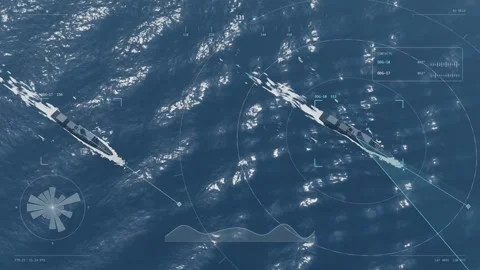 Two guided missile destroyers steaming in company aerial cold front tracking Stock Footage 343615928