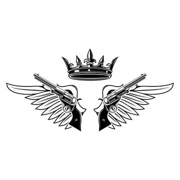 Two guns and wings with king crown. Design element for logo, label, sign, p.. Illustrazione stock