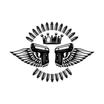 Two guns and wings with king crown. Design element for logo, label, sign, p.. Stock Illustration