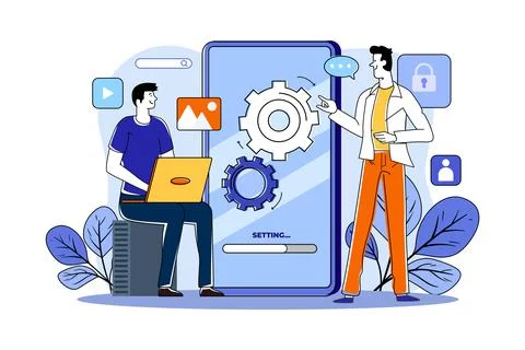 Two guys are setting up the application logic Stock Illustration