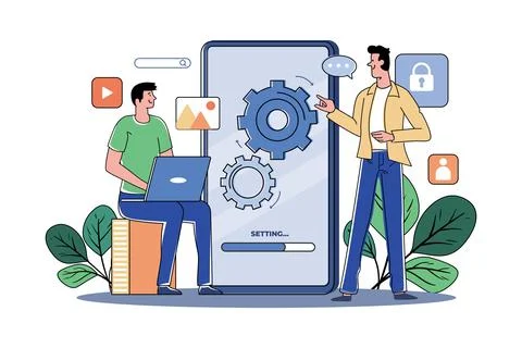 Two Guys Are Setting Up The Application Logic Stock Illustration