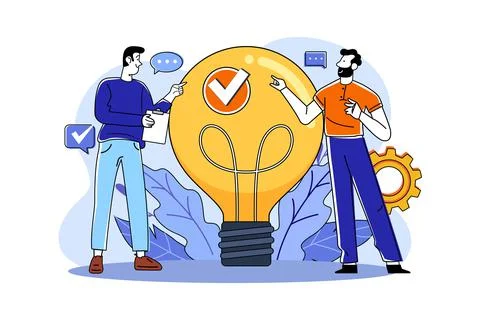 Two guys came up with an idea by pointing at a big light bulb Illustrazione stock