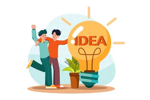 Two guys came up with an idea by pointing at a big light bulb 스톡 일러스트