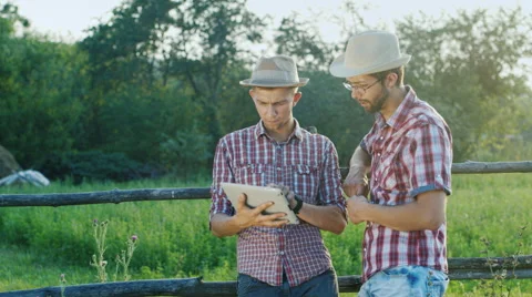 Two guys in the countryside enjoying the tablet, standing at a wooden fence Stock Footage 65454070