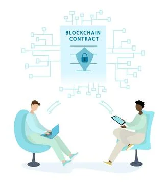 Two guys with laptop and tablet sign smart contract. Blockchain technology. Stockillustratie