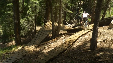 Two guys mountain biking on a narrow bridge in the woods. 動画素材 77578109