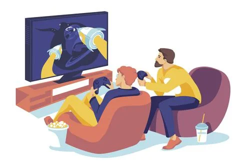 Two guys playing together in a computer game on big monitor. Stock Illustration