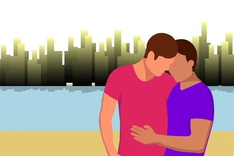 Two guys stand hugging on the river bank against the backdrop of the city Stock Illustration