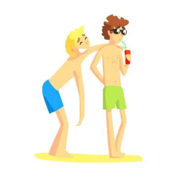 Two Guys In Swimshorts, One Is Drinking Soda From A Can, Part Of Friends In Stock Illustration