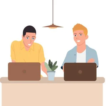 Two guys work in the office on laptops. Vector isolated. Stock Illustration