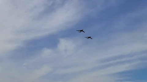 Two H-6 bombers fly past the 2025 Changchun Airshow in China Stock Footage 332611646