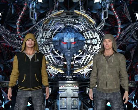 Two hackers in front of artificial intelligence 스톡 일러스트