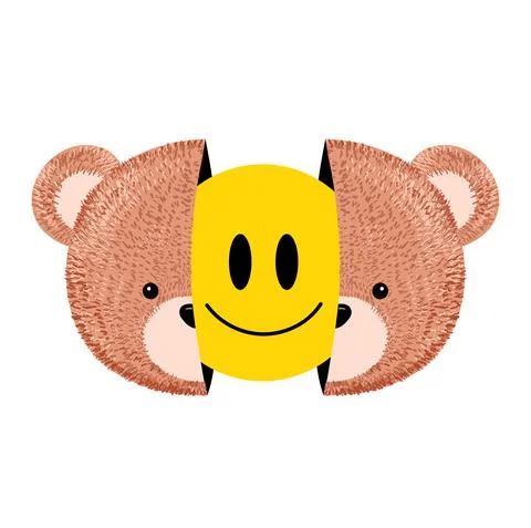 Two half bear toy head with smile face inside print for t-shirt. Vector cartoon Stock Illustration