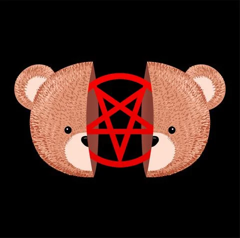 Two half bear toy head with pentagram inside print for t-shirt. Vector cartoon Stock Illustration